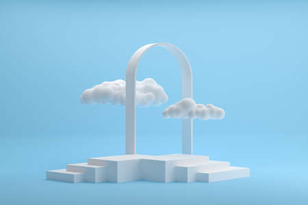 blue 3d illustration. Podium - stairs stand on a blue background with white clouds.3d renderの写真素材