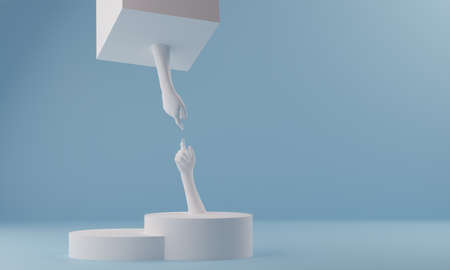 Mannequin hands reaching towards each other. White female hands ion the blue background. 3d rendering illustrationの写真素材