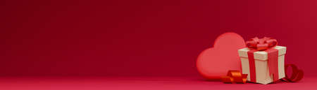 Background template for Valentines day. Happy valentines in red space with red hearts and gift elements.の写真素材