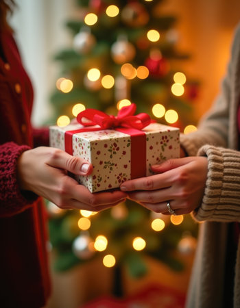 Realistic indoor Christmas scene. Close-up of two hands exchanging a wrapped gift with a red ribbon. Natural skin texture, soft warm lighting, and a blurred decorated Christmas tree in background create a cozy holiday atmosphereの素材