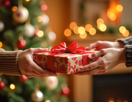 Realistic indoor Christmas scene. Close-up of two hands exchanging a wrapped gift with a red ribbon. Natural skin texture, soft warm lighting, and a blurred decorated Christmas tree in background create a cozy holiday atmosphereの素材