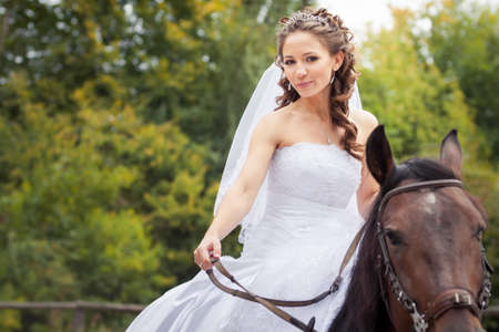 young charming brunette bride in white wedding dress and tracery veil rides on horseの写真素材