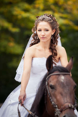 young charming brunette bride in white wedding dress and tracery veil rides on horseの写真素材