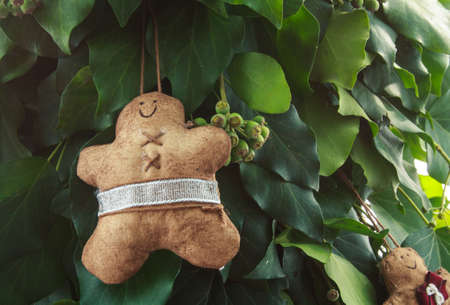 Gingerbread man handmade toy on design green New Year tree isolated on white backgroundの写真素材