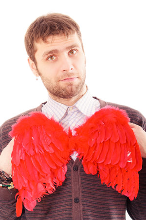 handsome man with red wings gift for Valentine dayの写真素材