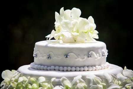front view of large white wedding cake with white orchids and pearlsの写真素材