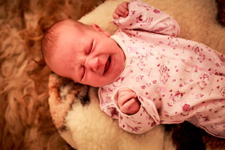 newborn baby closeup cries and makes wry face on round woolen pillow in childish bodysuitの写真素材
