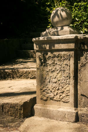 stone wall and walk-road in park of Vorontsov palace in Crimea Ukraine in springtimeのeditorial素材