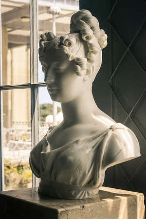 Crimea Vorontsov palace interior old-aged nice young girl light white marble bust sculpture in corridor galleryのeditorial素材