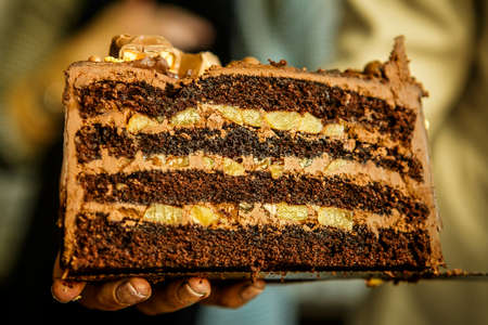 large piece of tasty chocolate cake with numerous creamy inter layer in human handsの写真素材