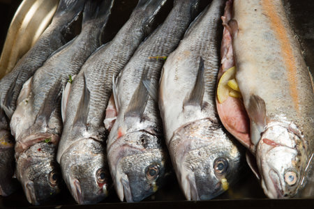 closeup raw dorada and trout stuffed with lemon arranged on metal tray
