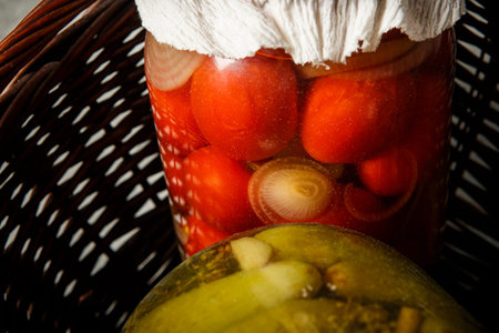 macro big in glass jars with homemade canned tomatoes, cucumbers and dried apples decorated with...