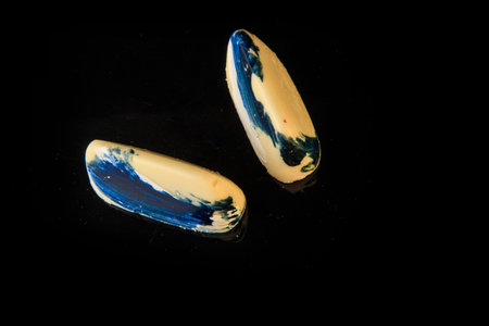 top view on two long white chocolate candies with blue art decoration served on black mirror...