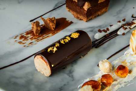 closeup delicious chocolate and white cream mousse dessert served on round plate on black backgroundの写真素材