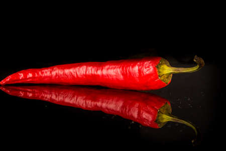 closeup single red hot chili pepper over black glass background with reflectionの写真素材