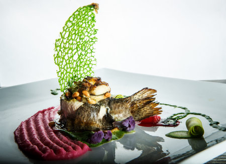 macro stuffed sea fish served with pink puree and original decoration on plate against white...