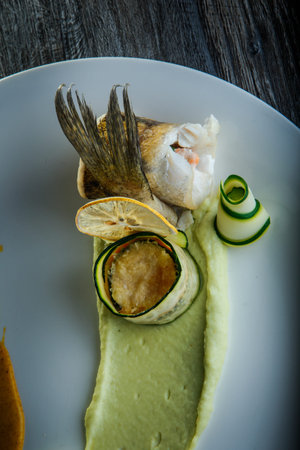vertical view closeup decorated fish roll with sliced zucchini and green puree garnish on white...