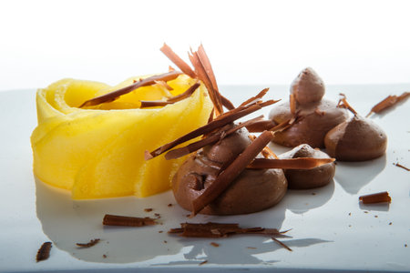 closeup modern decorated fruit and chocolate mousse dessert served on original restaurant plate against white backgroundの写真素材