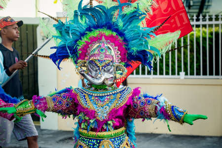 Concepcion De La Vega, DOMINICAN REPUBLIC - FEBRUARY 09, 2020: boy in pied elephant costume poses for photo on city street at dominican carnival on February 9 in Concepcion De La Vegaのeditorial素材
