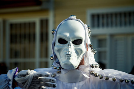 Concepcion De La Vega, DOMINICAN REPUBLIC - FEBRUARY 09, 2020: closeup person in white skeleton mask...