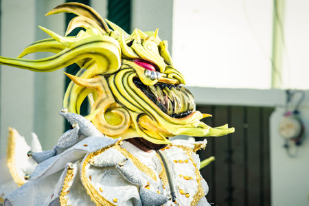closeup man in pied glossy costume pass by city street at dominican carnival