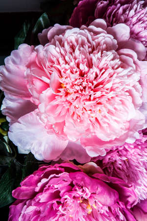 top macro view on elegant bouquet made from many large pink and purple peoniesの写真素材