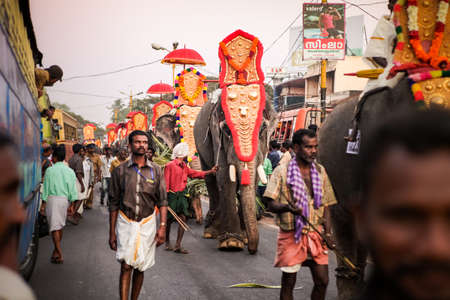 indian people lead decorated elephants walking by indian village on annual festivalのeditorial素材