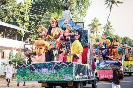 Kottayam, Kerala, INDIA - JANUARY 25, 2012: large statues of traditional Indian gods ride on open platform at religion feast on January 9 in Kottayamのeditorial素材