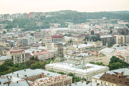 top view from city hall tower on old town rooftops with restaurant and inner yards in Lviv city, Ukraineの写真素材