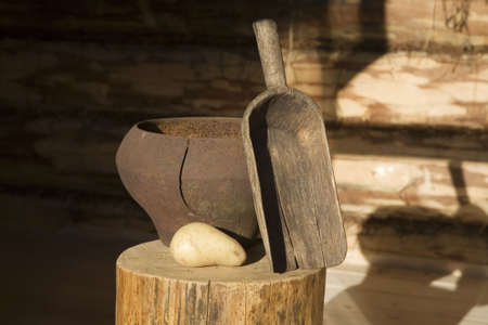  cooking pots with wooden shovel  の写真素材