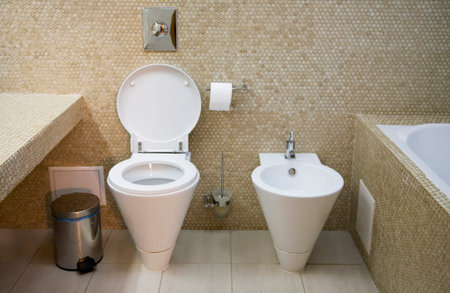 Interior of toilet with lavatory pan and bidet  の写真素材