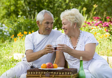Mature couple picnicked on the grass  の写真素材