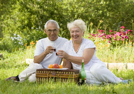 Mature couple picnicked on the grass  の写真素材