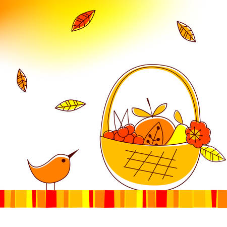 Vector illustration of autumnal theme with bird and fruits  のイラスト素材