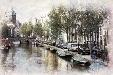 Amsterdam canals, Netherlands. Artistic watercolor style with textureの写真素材