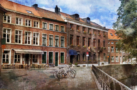 Cityscape of Bruges streets, Belgium. Artistic watercolor style with texture