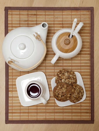 Tea set on a tray with a view from aboveの写真素材