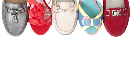 Collection female shoes over white with copy space