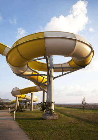 Pillars and spirals of the big toboggan in aqua parkの写真素材