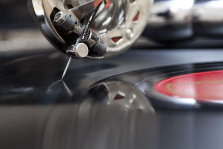 Close-up at record being played on a old gramophoneの写真素材