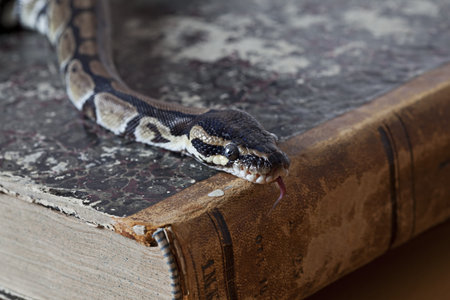 Portrait of Python snake on vintage book closeup