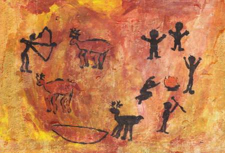 Rock paintings of people and animals drawing by a seven years old childの写真素材