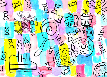 Children's drawing - sweets background over vivid backgroundの写真素材