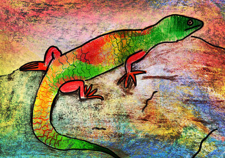 Children's artwork of a lizard on a colorful vivid backgroundの写真素材