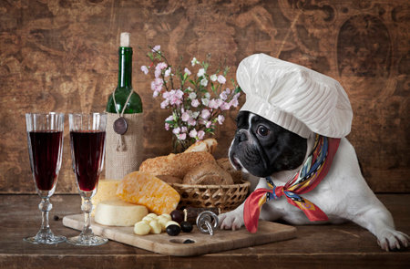 French bulldog in chef's hat lying on the table with cheese plate and wine bottleの写真素材