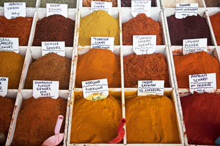 Traditional outdoor spice market in Kusadasi, Turkeyの写真素材