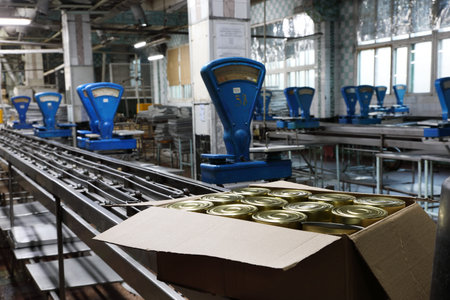 The workshop production of fish products with the old blue scales at the cannery