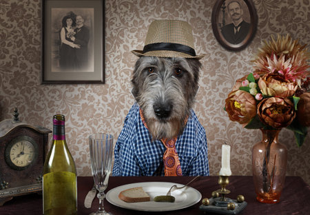 Portrait of an Irish wolfhound in a hat sitting at a table indoors