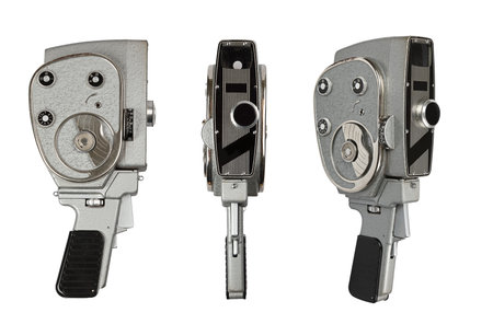 Vintage movie camera from the 1970s in different angles isolated on white