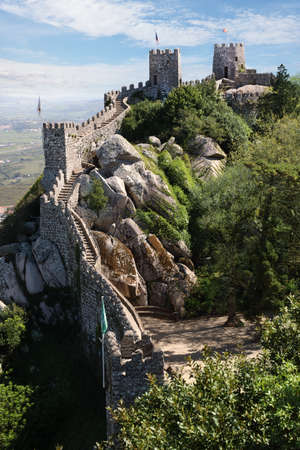 The Castle of the Moors is a hilltop medieval castle located in the municipality of Sintra, about 25km northwest of Lisbon, Portugalの写真素材